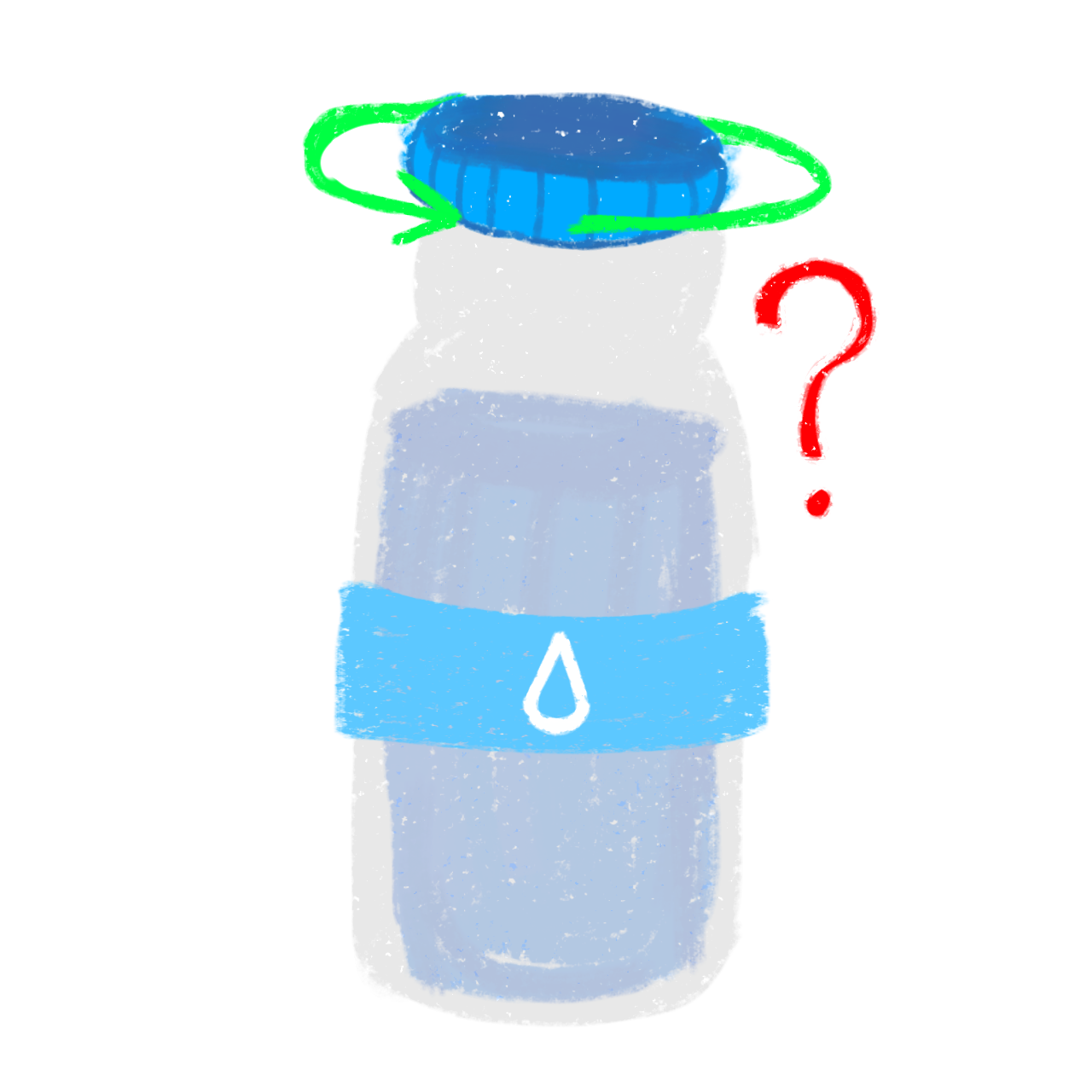 This image shows a gray water bottle with a blue lid. A green circle is drawn around the lid, and a red question mark floats above the bottle. There is a blue label with a water drop symbol on the bottle.